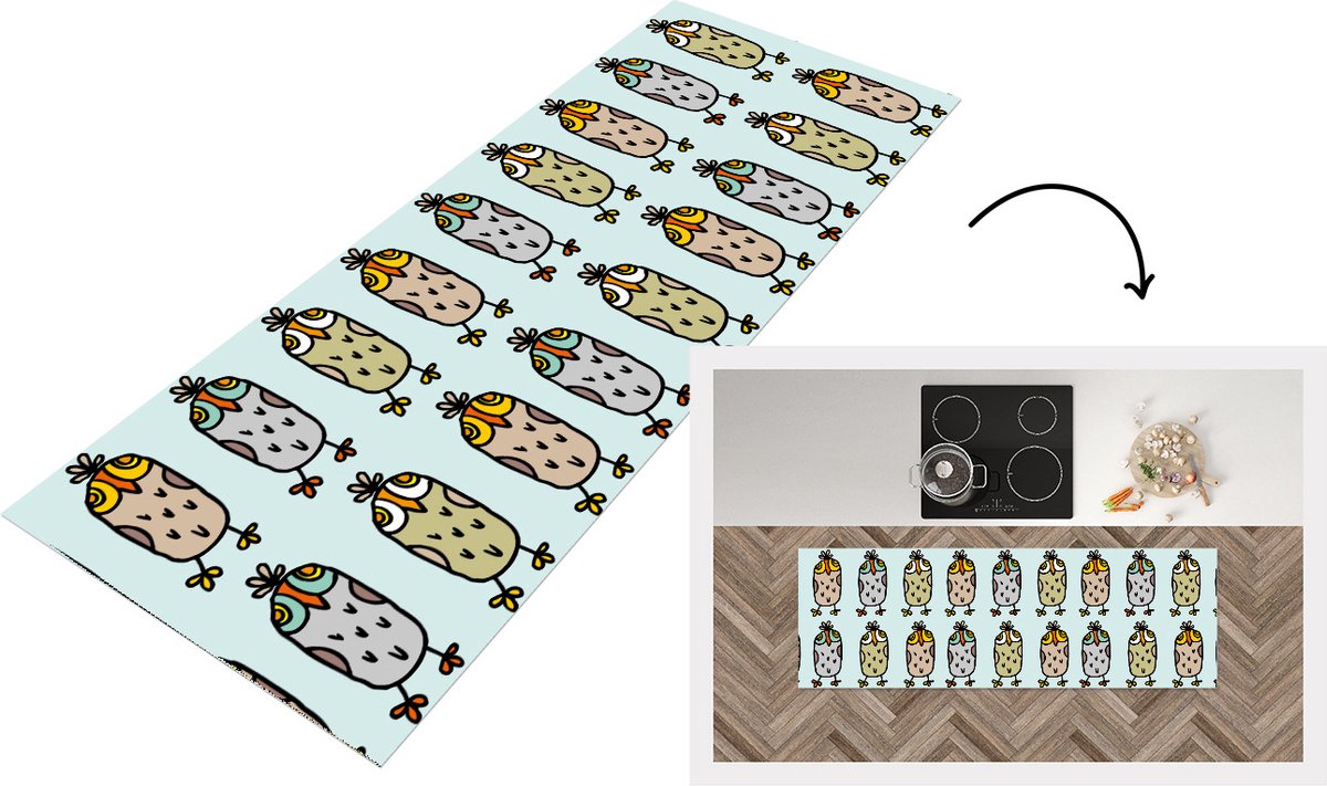 KitchenYeah Keukenloper - Loper keuken - Patronen - Uil - Blauw - 180x60 cm - Keukenloper vinyl Multicolor