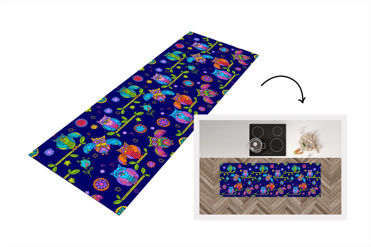 KitchenYeah Keukenloper - Loper keuken - Patroon - Uil - Takken - 180x60 cm - Keukenloper vinyl Multicolor