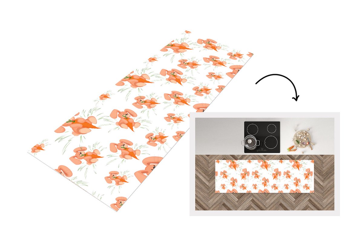 KitchenYeah Keukenloper - Loper keuken - Konijnen - Groente - Patronen - 150x50 cm - Keukenloper vinyl Multicolor