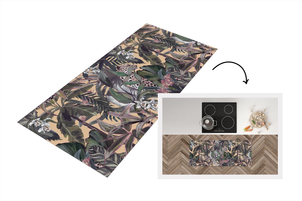 KitchenYeah Keukenloper - Loper keuken - Vintage - Jungle - Bladeren - Panter - Patronen - 120x50 cm - Keukenloper vinyl Multicolor