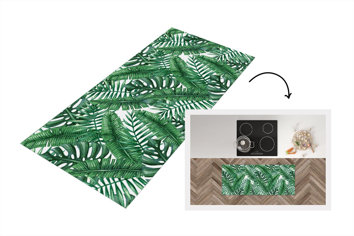 KitchenYeah Keukenloper - Loper keuken - Patronen - Palm - Bladeren - 120x50 cm - Keukenloper vinyl Multicolor