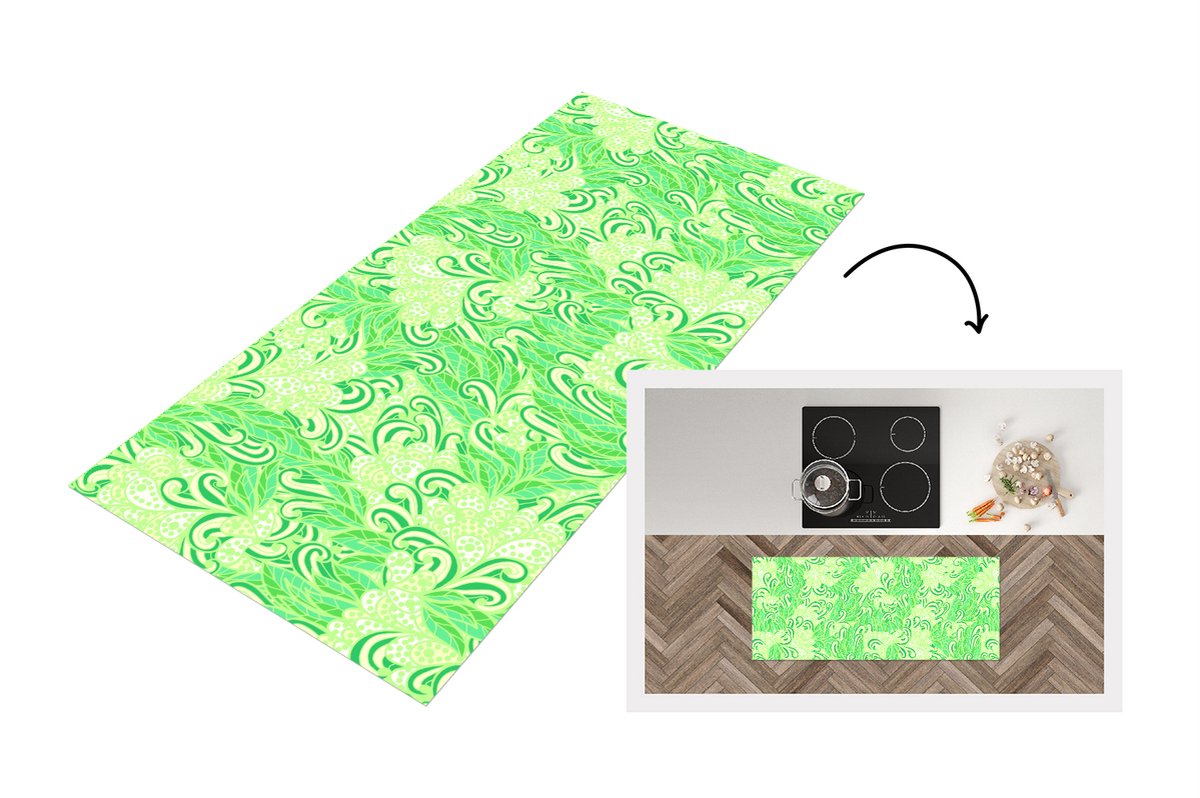 KitchenYeah Keukenloper - Loper keuken - Patronen - Abstract - Bladeren - Groen - 120x50 cm - Keukenloper vinyl Multicolor
