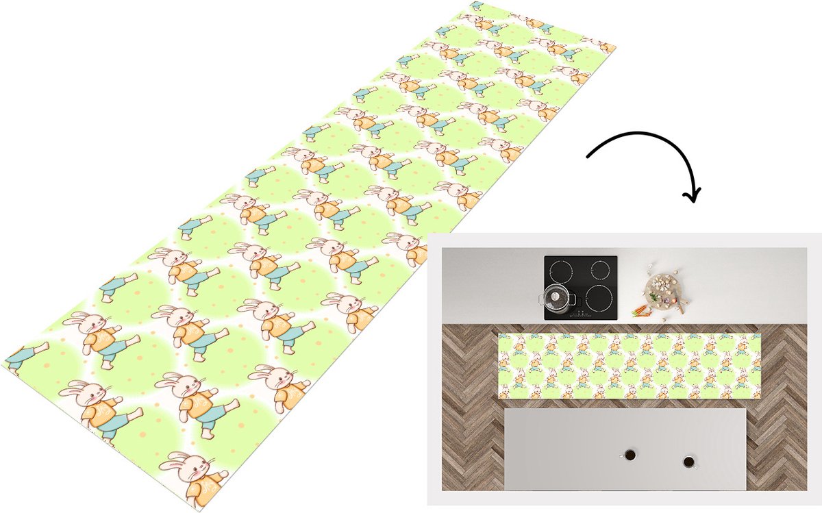 KitchenYeah Keukenloper - Loper keuken - Konijn - Patronen - Kinderen - Cartoon - 240x60 cm - Keukenloper vinyl Multicolor