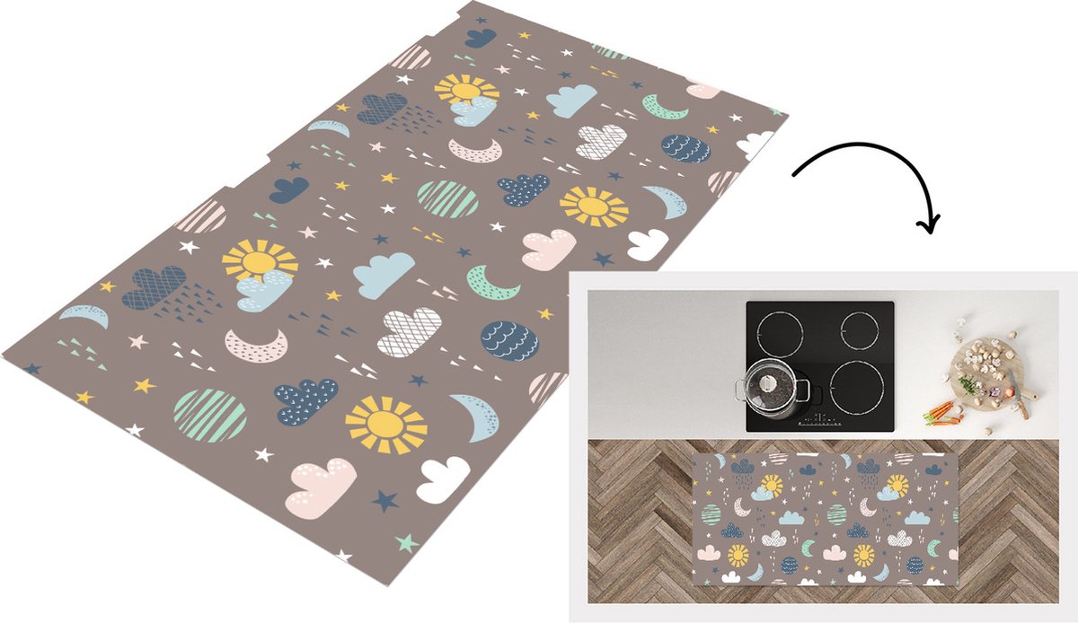 KitchenYeah Keukenloper - Loper keuken - Wolken - Zon - Design - 120x60 cm - Keukenloper vinyl Multicolor