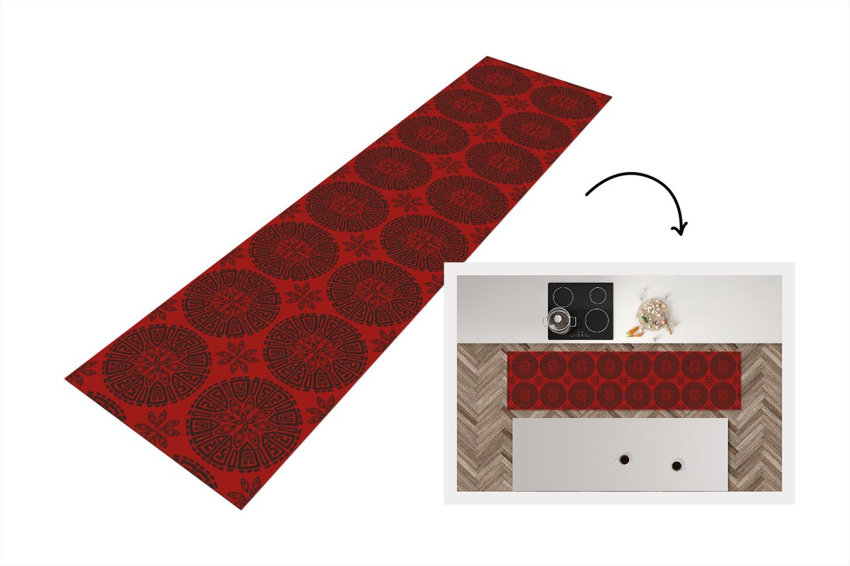 KitchenYeah Keukenloper - Loper keuken - Chinees - Patronen - Rood - 240x60 cm - Keukenloper vinyl Multicolor