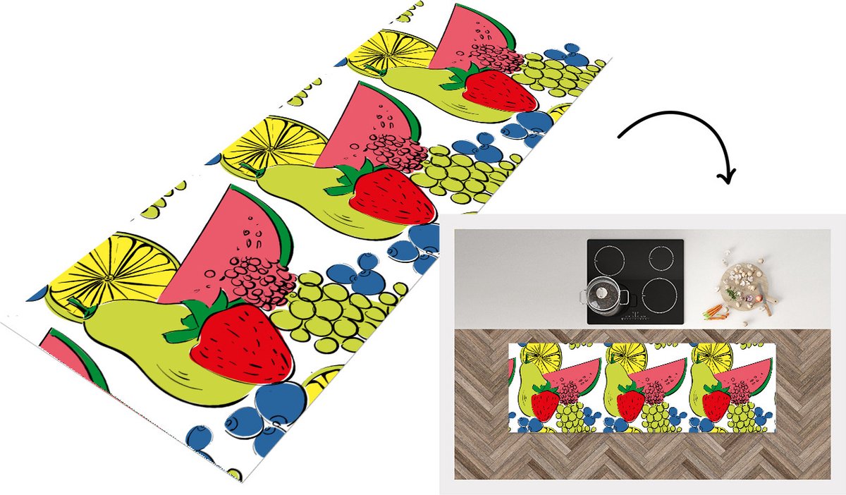 KitchenYeah Keukenloper - Loper keuken - Fruit - Cartoon - Patroon - 150x50 cm - Keukenloper vinyl Multicolor