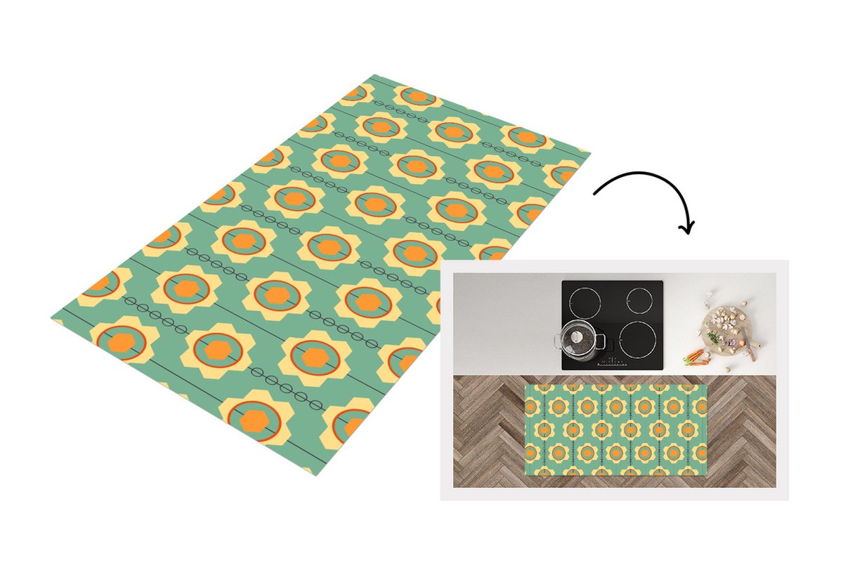 KitchenYeah Keukenloper - Loper keuken - Zonnebloem - Patronen - Tandwielen - Retro - 120x60 cm - Keukenloper vinyl Multicolor