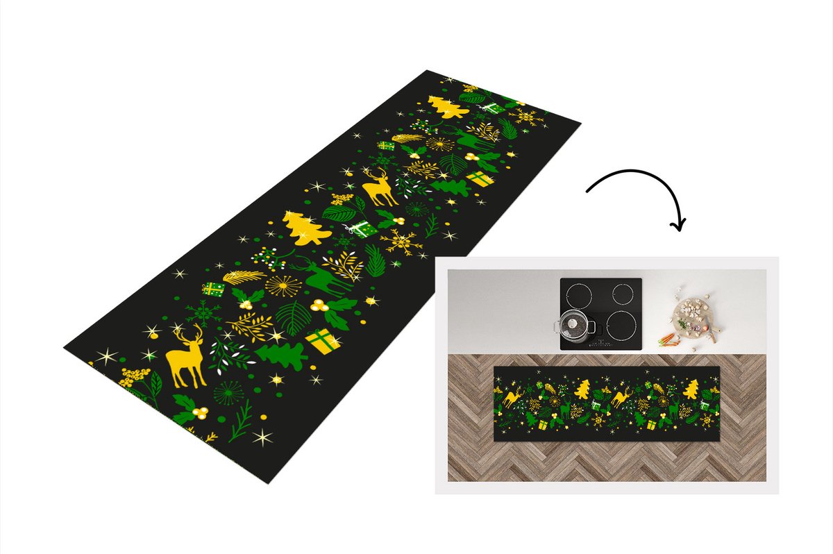 KitchenYeah Keukenloper - Loper keuken - Kerst - Patroon - Hert - 150x50 cm - Keukenloper vinyl Multicolor