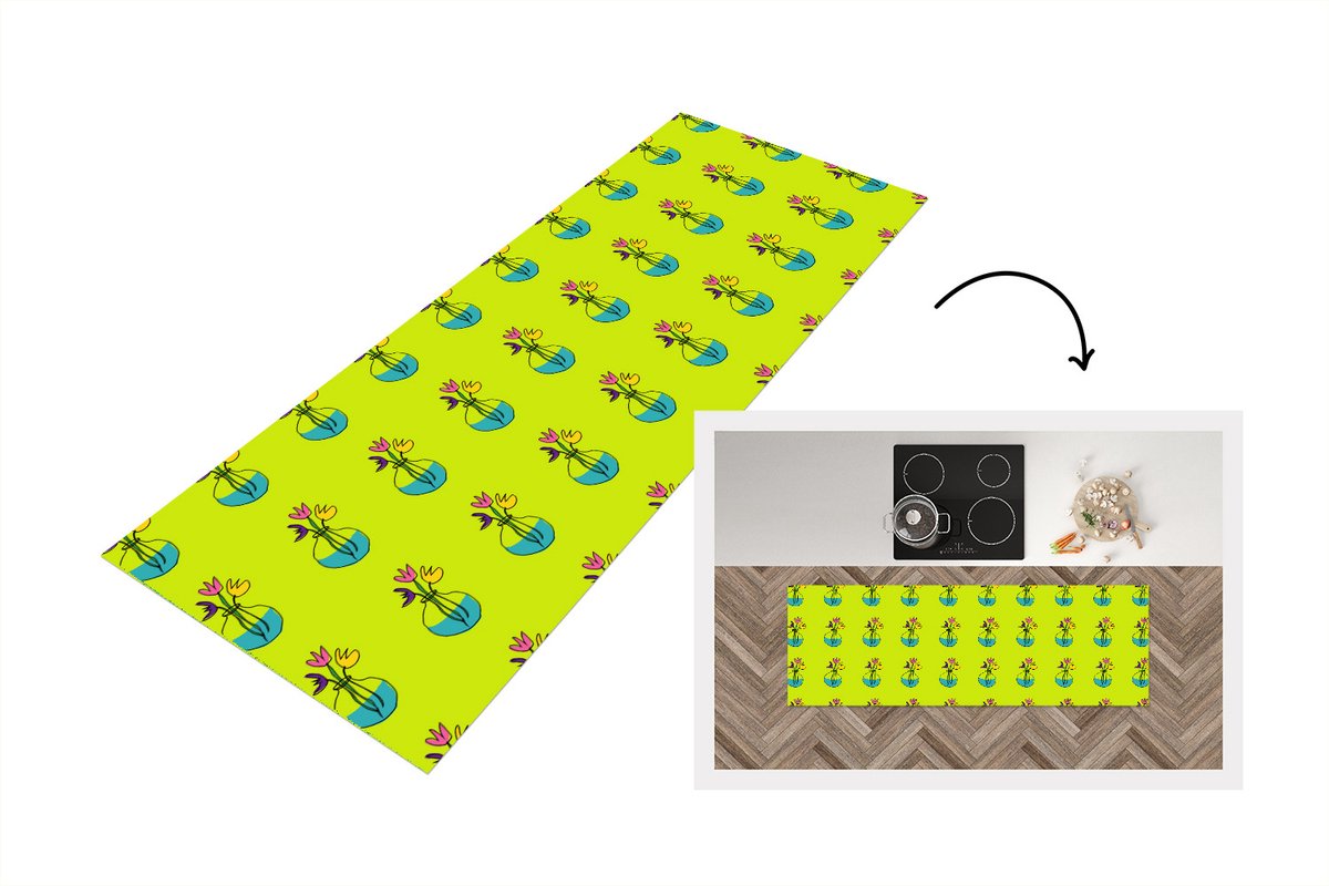 KitchenYeah Keukenloper - Loper keuken - Bloemen - Vazen - Patronen - 180x60 cm - Keukenloper vinyl Multicolor