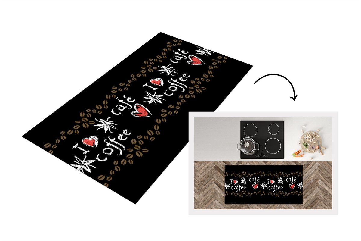 KitchenYeah Keukenloper - Loper keuken - Koffie - Patronen - Love - 120x60 cm - Keukenloper vinyl Multicolor