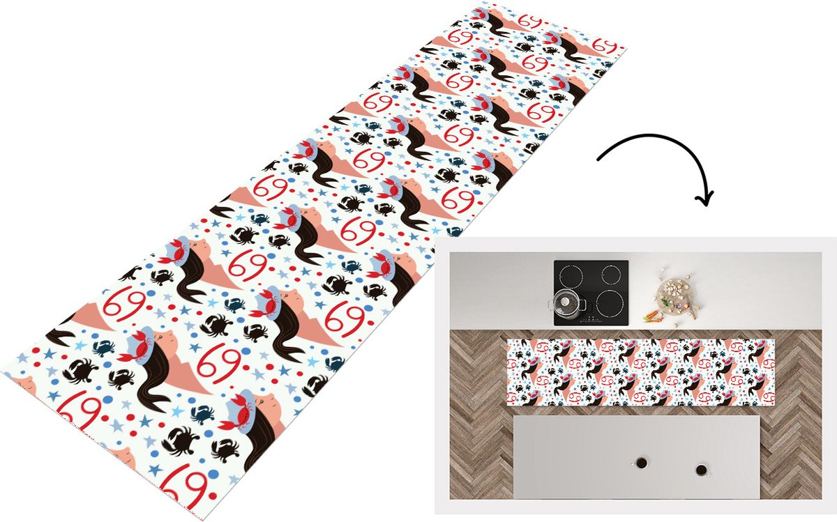 KitchenYeah Keukenloper - Loper keuken - Zodiac - Kreeft - Patroon - 200x50 cm - Keukenloper vinyl Multicolor