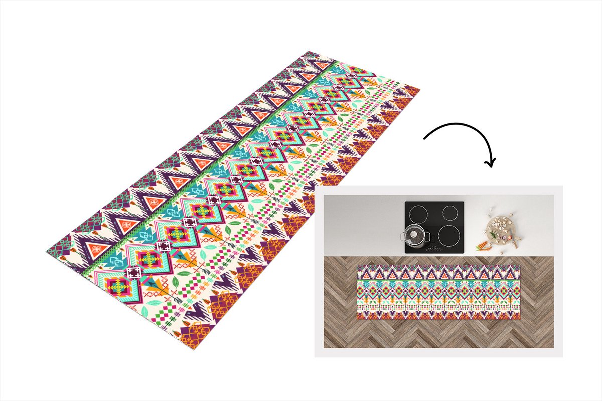 KitchenYeah Keukenloper - Loper keuken - Azteken - Zuid-Amerika - Patronen - 150x50 cm - Keukenloper vinyl Multicolor