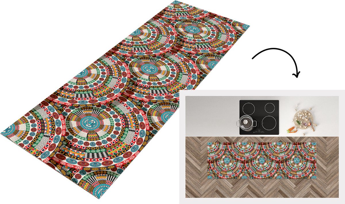 KitchenYeah Keukenloper - Loper keuken - Tegel - Azteken - Cirkels - Patronen - 180x60 cm - Keukenloper vinyl Multicolor