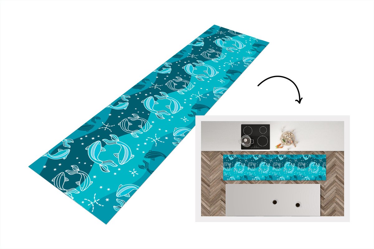 KitchenYeah Keukenloper - Loper keuken - Vissen - Zodiac - Design - 240x60 cm - Keukenloper vinyl Multicolor