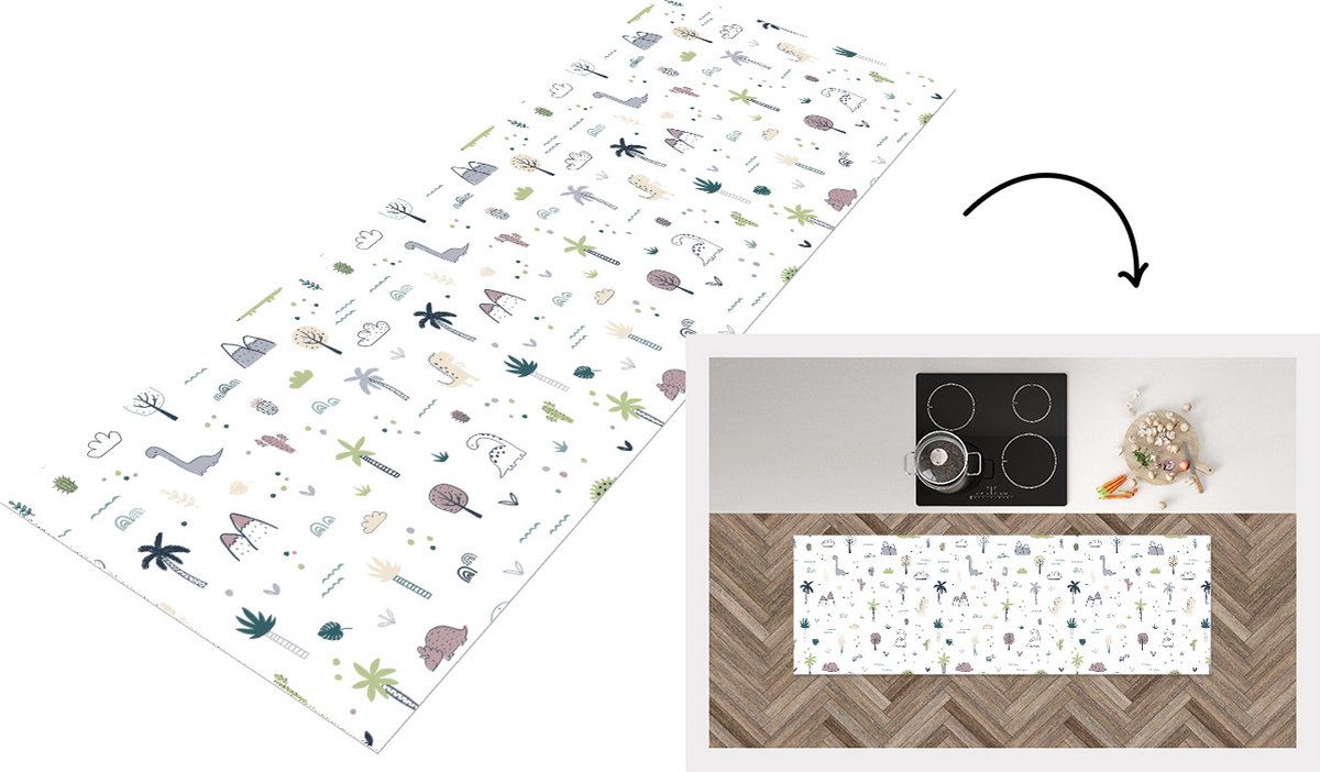 KitchenYeah Keukenloper - Loper keuken - Dinosaurus - Bomen - Patronen - 180x60 cm - Keukenloper vinyl Multicolor