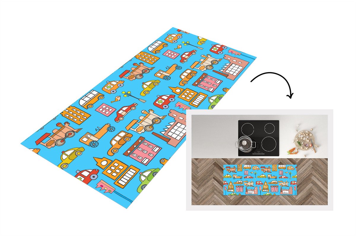KitchenYeah Keukenloper - Loper keuken - Patronen - Auto - Huis - 120x50 cm - Keukenloper vinyl Multicolor