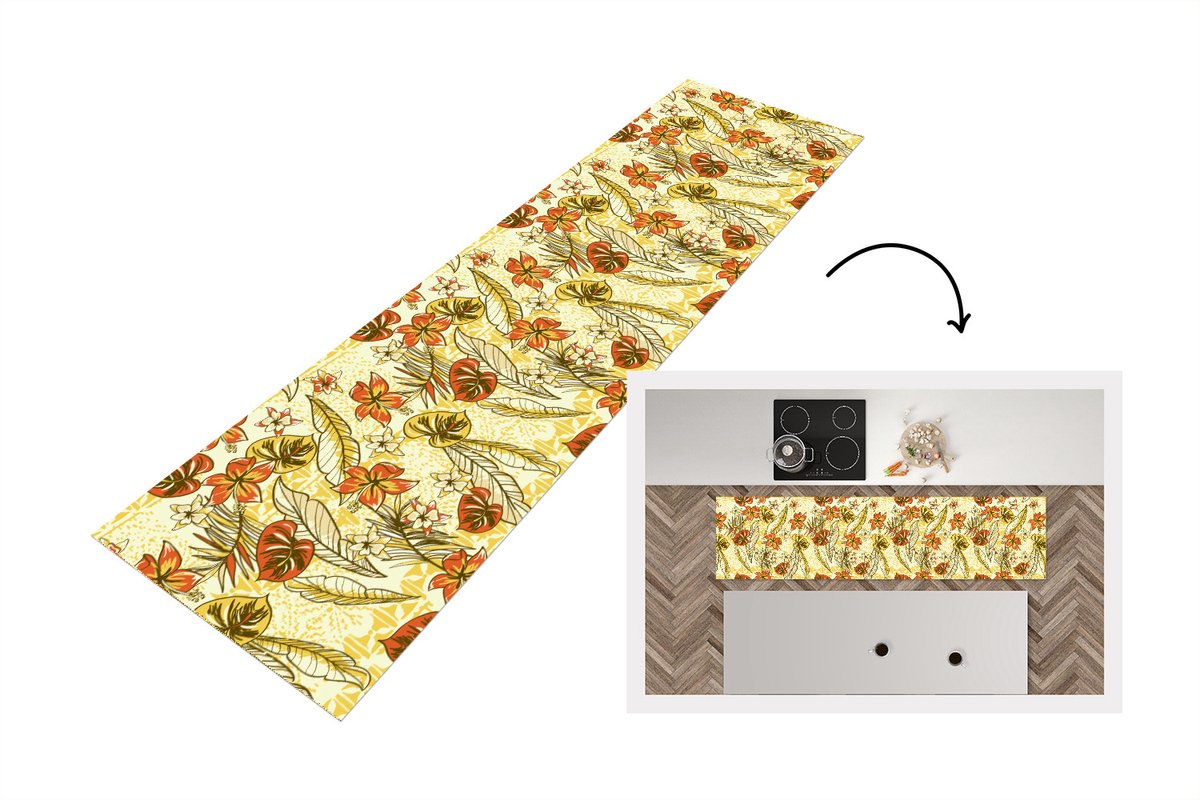 KitchenYeah Keukenloper - Loper keuken - Vintage - Bloemen - Bladeren - Hawaii - Patroon - 200x50 cm - Keukenloper vinyl Multicolor