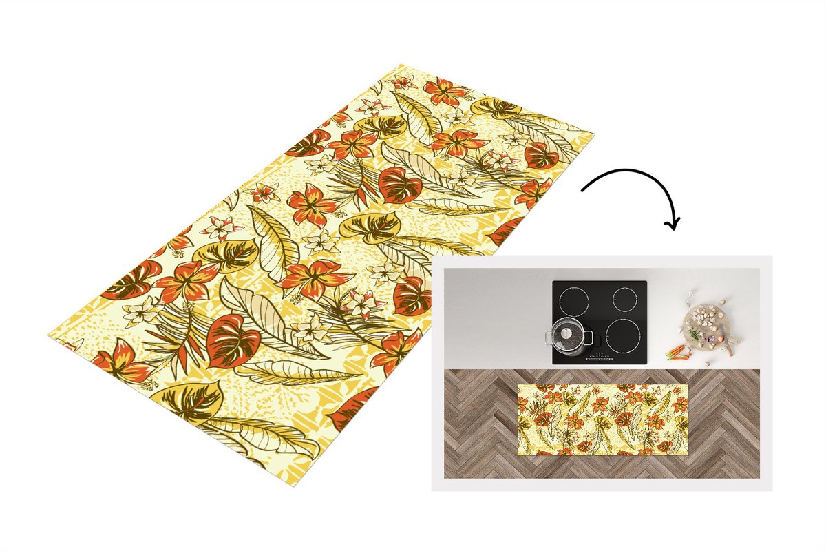 KitchenYeah Keukenloper - Loper keuken - Vintage - Bloemen - Bladeren - Hawaii - Patroon - 120x50 cm - Keukenloper vinyl Multicolor