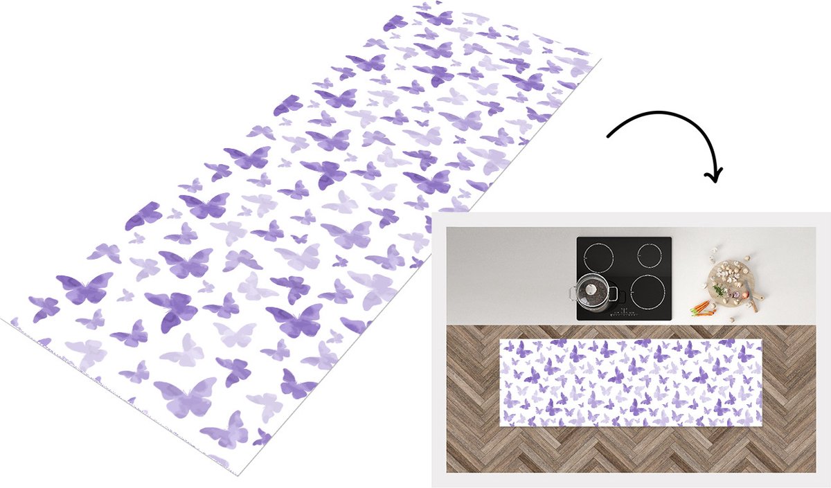 KitchenYeah Keukenloper - Loper keuken - Vlinder - Paars - Patronen - 150x50 cm - Keukenloper vinyl Multicolor
