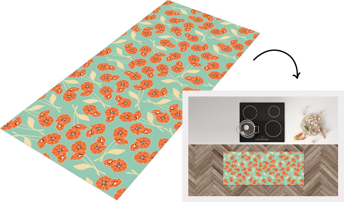KitchenYeah Keukenloper - Loper keuken - Retro - Bloemen - Design - Oranje - Keukenloper vinyl Multicolor