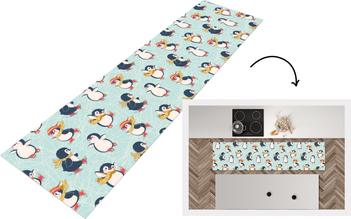 KitchenYeah Keukenloper - Loper keuken - Kinderen - Pinguïn - Schaatsen - Winter - Patronen - 200x50 cm - Keukenloper vinyl Multicolor