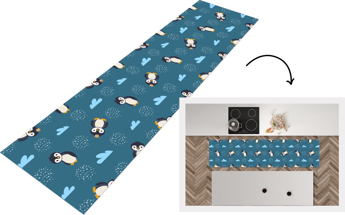 KitchenYeah Keukenloper - Loper keuken - Pinguïn - Wolken - Jongens - Design - 240x60 cm - Keukenloper vinyl Multicolor