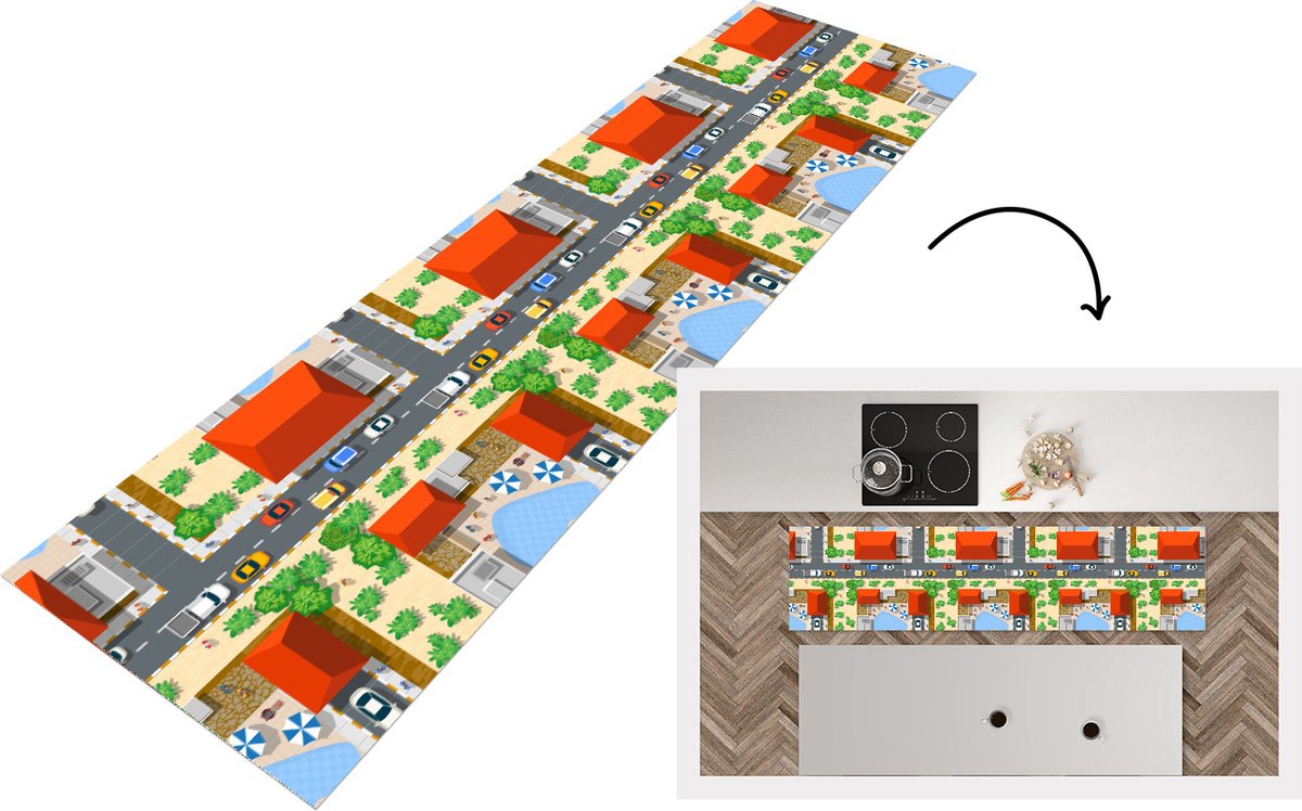 KitchenYeah Keukenloper - Loper keuken - Auto - Patronen - Wegen - Steden - 200x50 cm - Keukenloper vinyl Multicolor