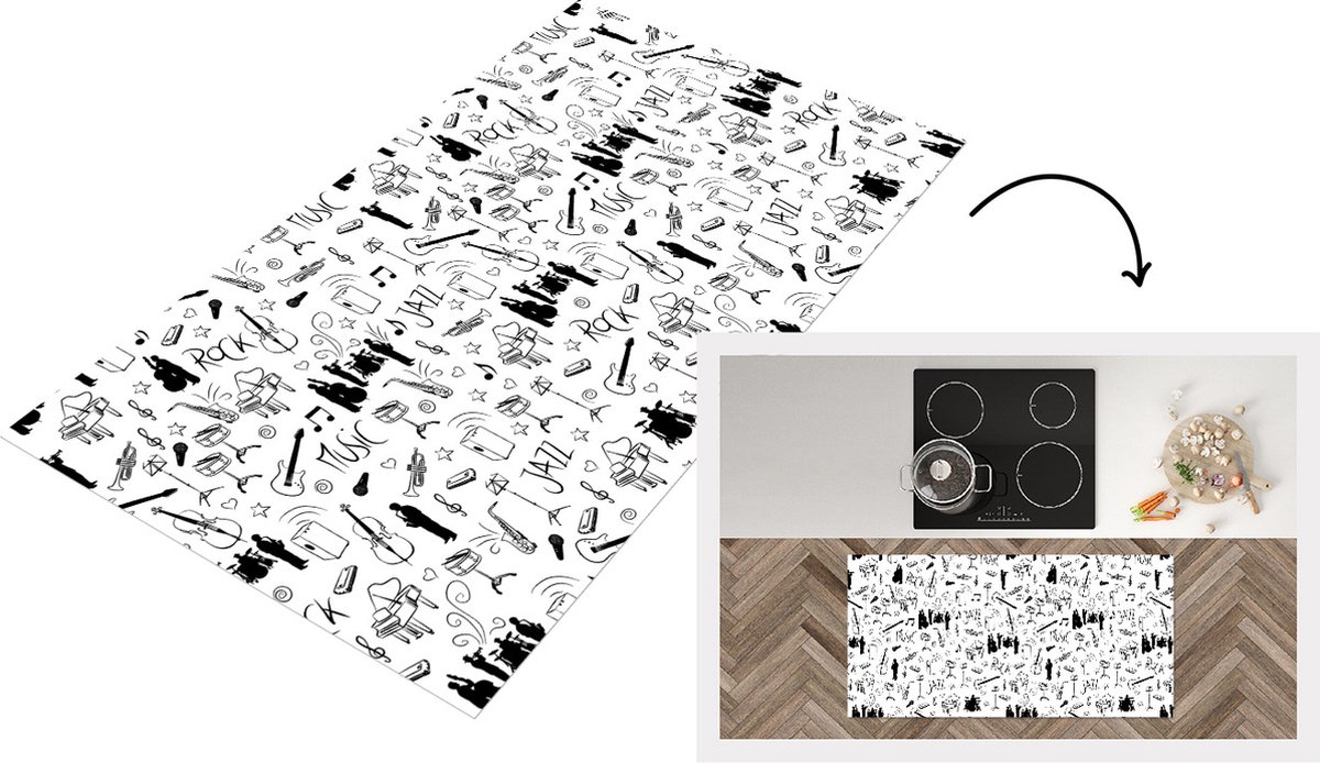 KitchenYeah Keukenloper - Loper keuken - Muziek - Patronen - Zwart Wit - 120x60 cm - Keukenloper vinyl Zwart; Wit