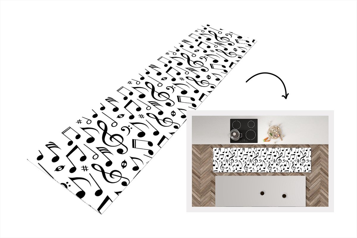 Keukenloper - Loper keuken - Muziek - Patronen - Zwart Wit - 240x60 cm - Keukenloper vinyl