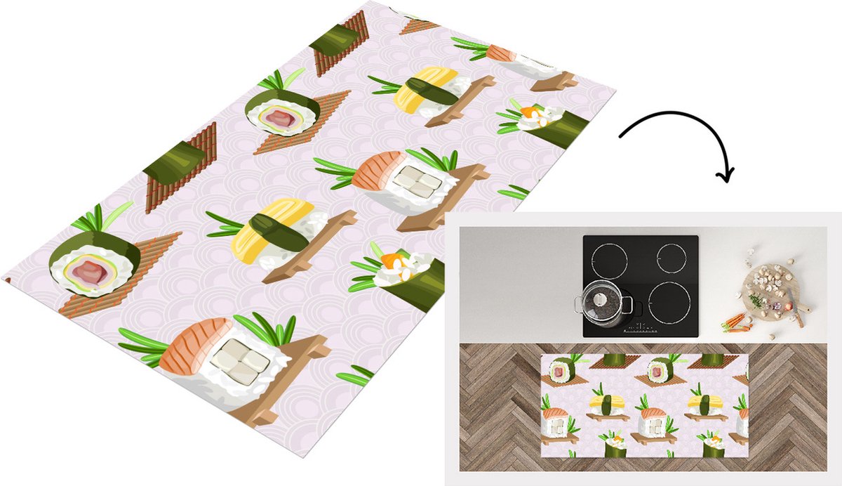 KitchenYeah Keukenloper - Loper keuken - Patronen - Eten - Sushi - Japan - 120x60 cm - Keukenloper vinyl Multicolor