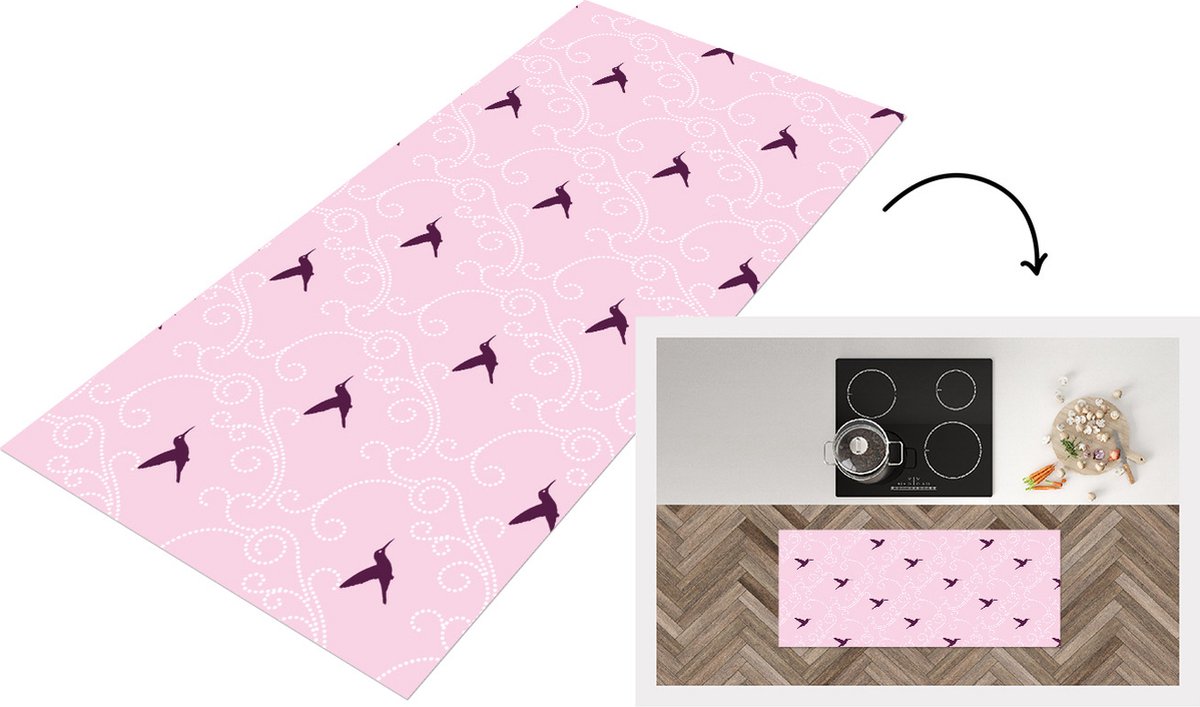 KitchenYeah Keukenloper - Loper keuken - Vogel - Patronen - Roze - 120x50 cm - Keukenloper vinyl Multicolor