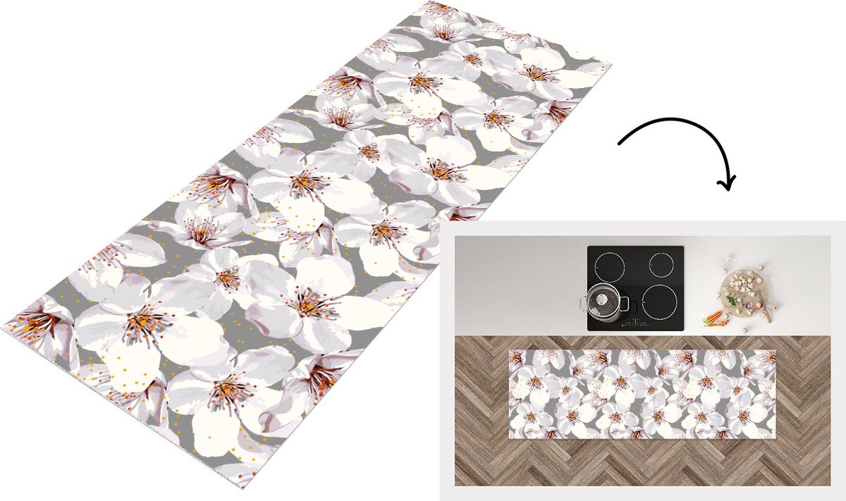 KitchenYeah Keukenloper - Loper keuken - Bloemen - Sakura - Patronen - 180x60 cm - Keukenloper vinyl Multicolor