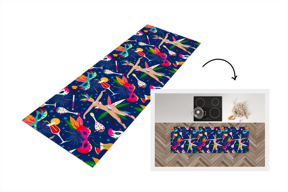 KitchenYeah Keukenloper - Loper keuken - Carnaval - Brazilië - Patronen - 180x60 cm - Keukenloper vinyl Multicolor