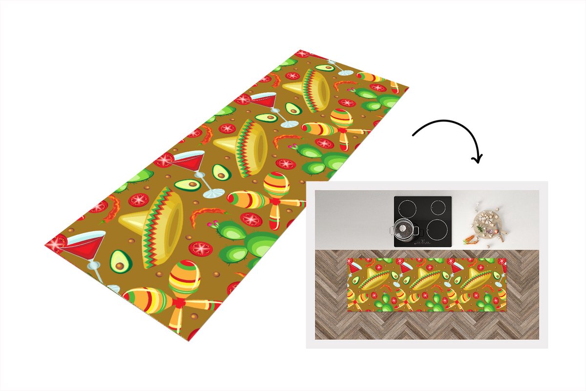 KitchenYeah Keukenloper - Loper keuken - Mexico - Sombrero - Patronen - 180x60 cm - Keukenloper vinyl Multicolor