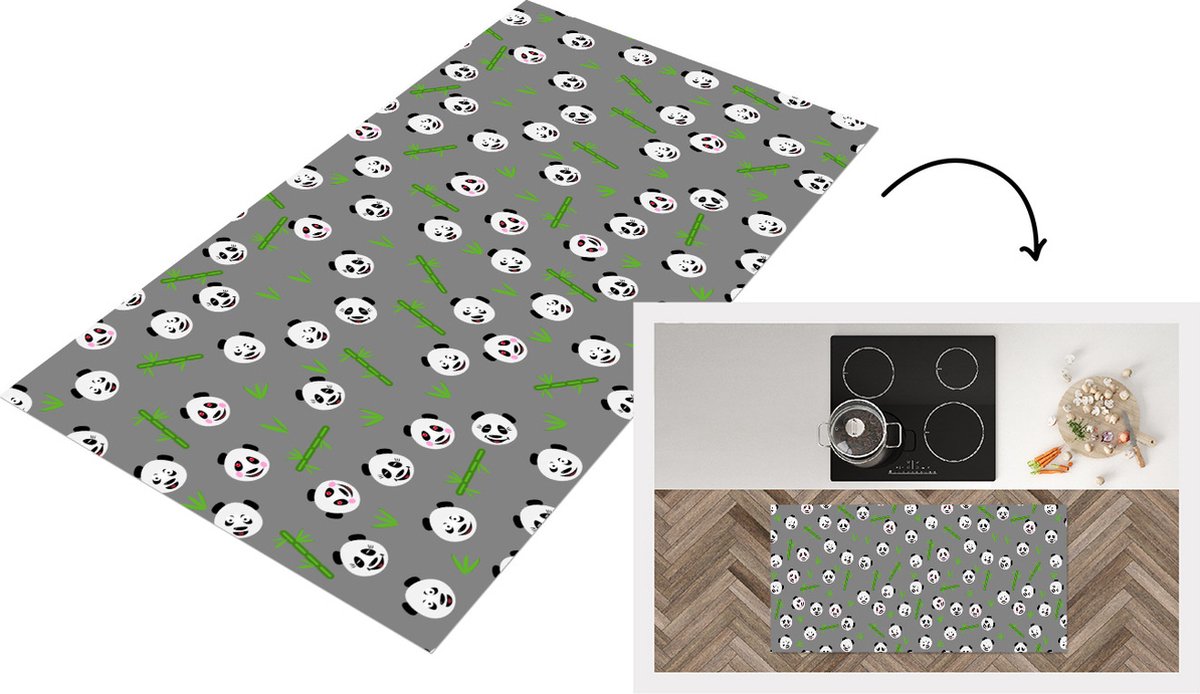 KitchenYeah Keukenloper - Loper keuken - Panda - Bamboe - Design - 120x60 cm - Keukenloper vinyl Multicolor