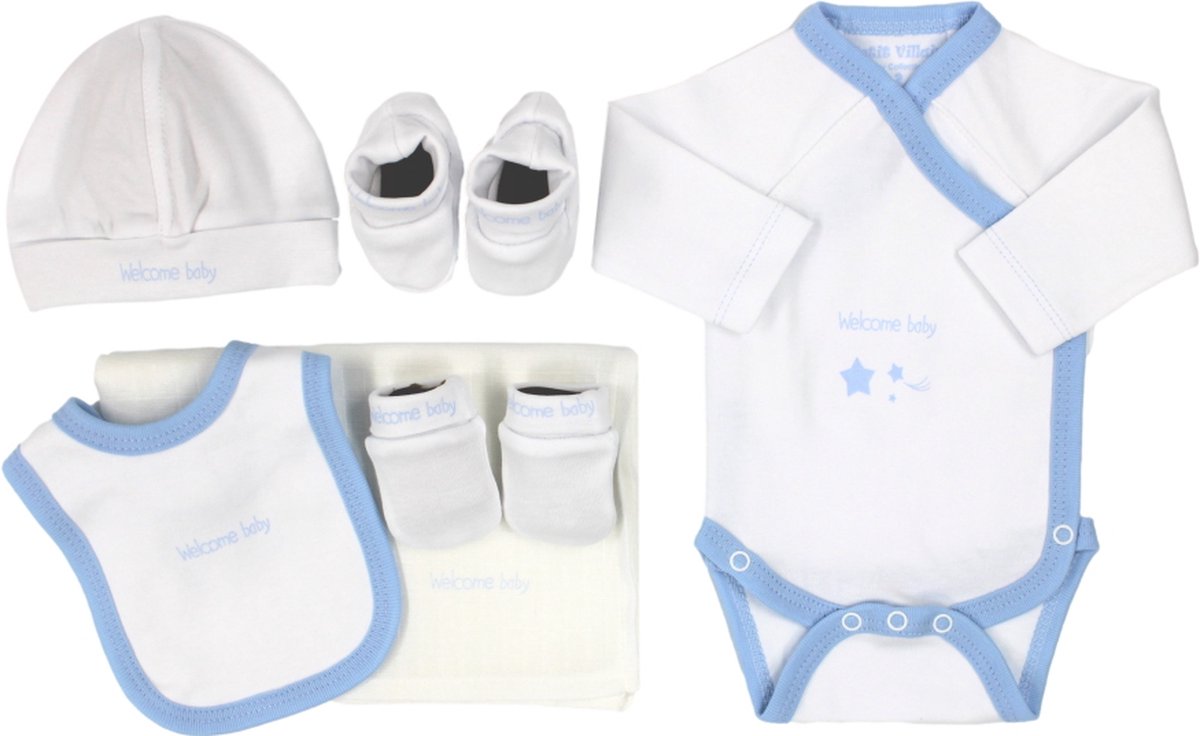 Petit Villain Welcome Baby Maat 56 Wit/Blauw 6-delige Cadeauset