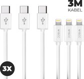 WiseQ iPhone Oplader Kabels - Lightning naar USB C - 3 Meter - Wit - 3 stuks