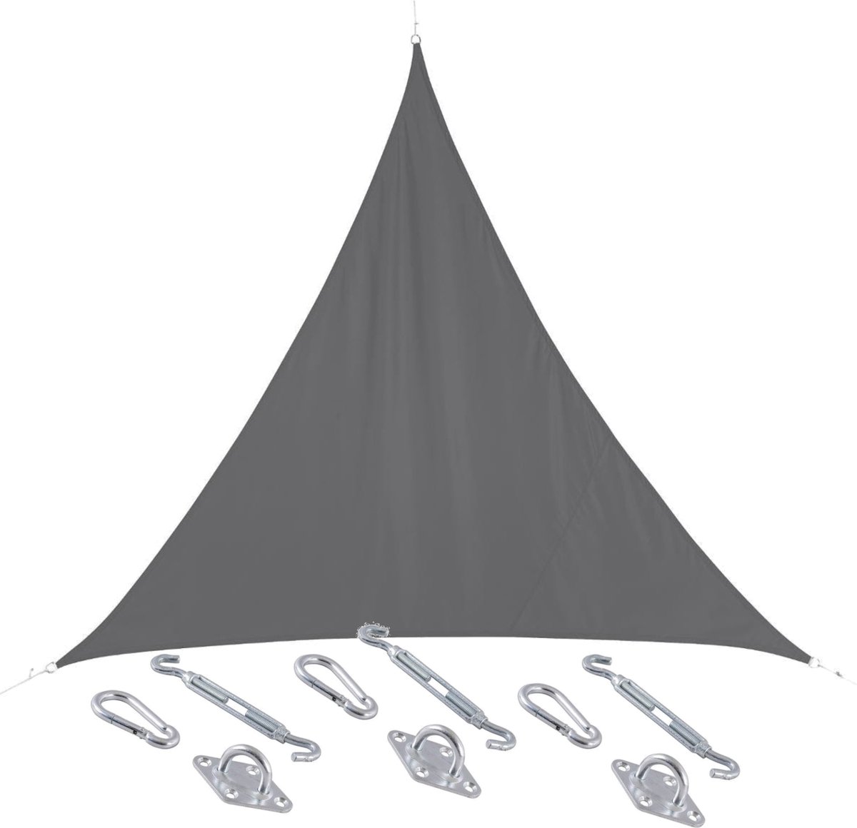 Polyester schaduwdoek/zonnescherm Curacao driehoek grijs 2 x 2 x 2 meter - inclusief bevestiging haken set