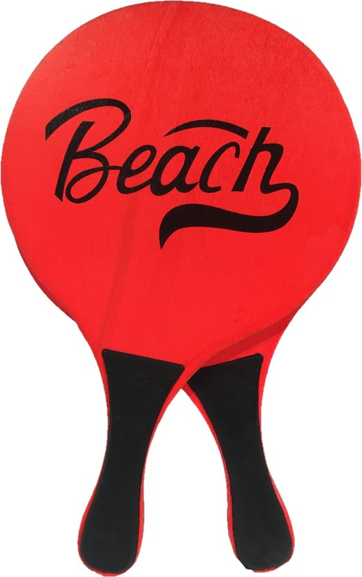 Foto: Houten beachball set neon rood strand balletjes rackets batjes en bal tennis ballenspel