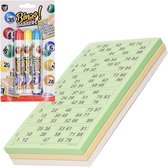 100x Bingokaarten nummers 1-90 inclusief 3x bingo stiften blauw/geel/rood