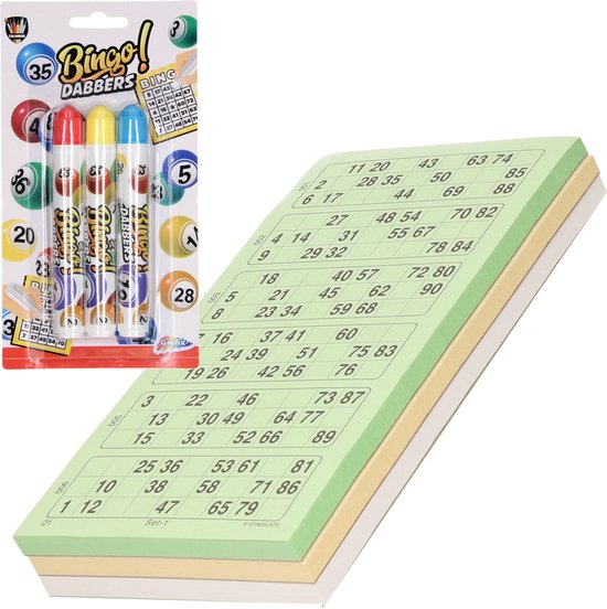 Foto: 100x bingokaarten nummers 1 90 inclusief 3x bingo stiften blauw geel rood