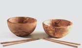 Safa Tableware Set van 2 schalen olijfhout met chopsticks