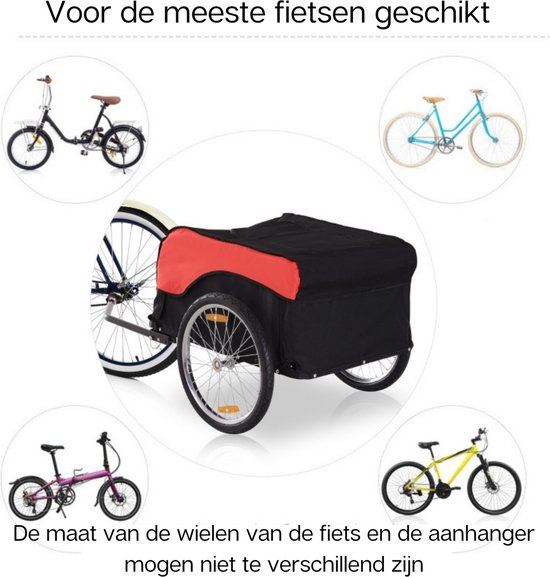 Rode en zwarte fietskar omringd door verschillende fietsen, met tekst over compatibiliteit.