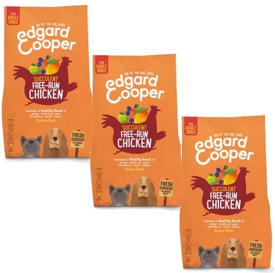 Drie zakken Edgard & Cooper hondenvoer 'Succulent Free-Run Chicken', graanvrij, voor volwassen honden.