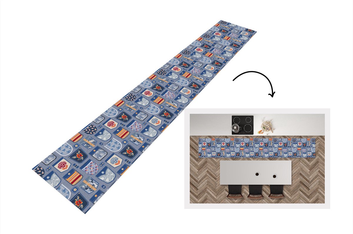 KitchenYeah Keukenloper - Keukenmat - Broek - Denim - Patch - Patronen - Keuken vloerkleed Multicolor