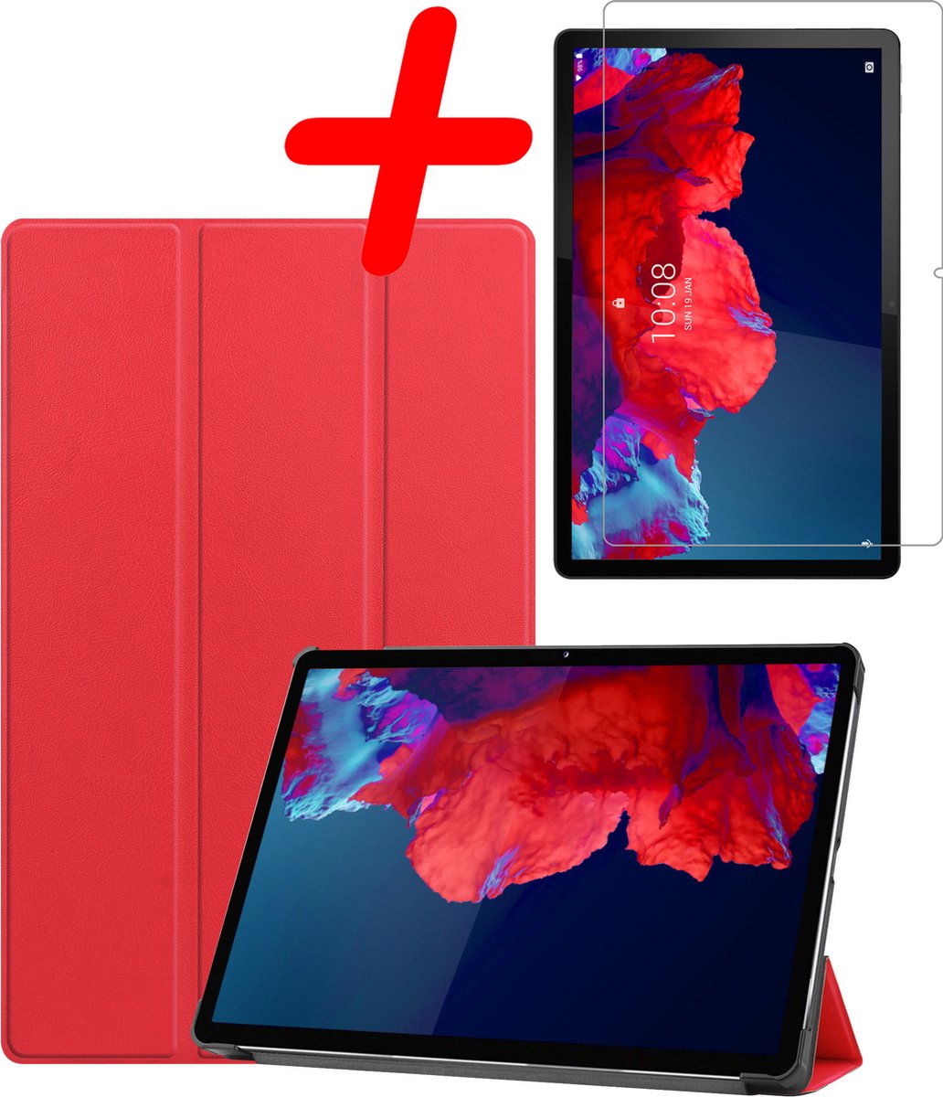 Hoesje Geschikt voor Lenovo Tab P11 - Met Screenprotector - Trifold Bookcase - Hard Cover - Hardcover Book Case - Tablet Hoes - Rood