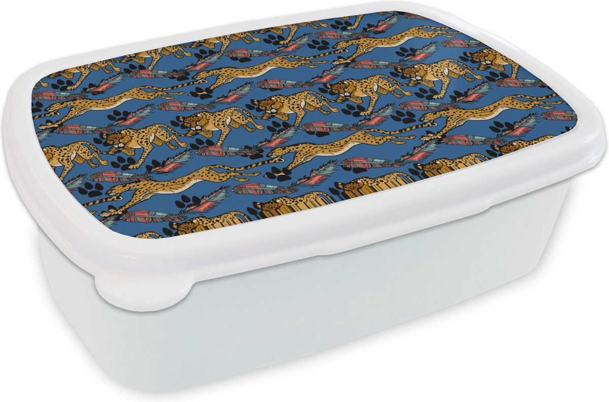 Broodtrommel Wit - Lunchbox - Brooddoos - Patroon - Cheetah - Veren - 18x12x6 cm - Volwassenen