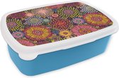 Broodtrommel Blauw - Lunchbox - Brooddoos - Bloemen - Patroon - Lijn - 18x12x6 cm - Kinderen - Jongen