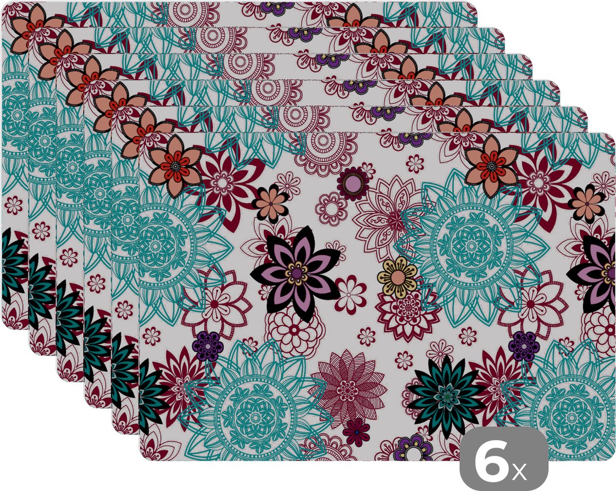 Placemat - Placemats kunststof - Mandala - Bloemen - Patroon - 45x30 cm - 6 stuks - Hittebestendig - Anti-Slip - Onderlegger - Afneembaar