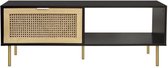 Rechthoekige salontafel - MDF en naturel rotan mesh - Zwart en goud - Op pootjes - 1 lade - L110 x D50 x H42 cm